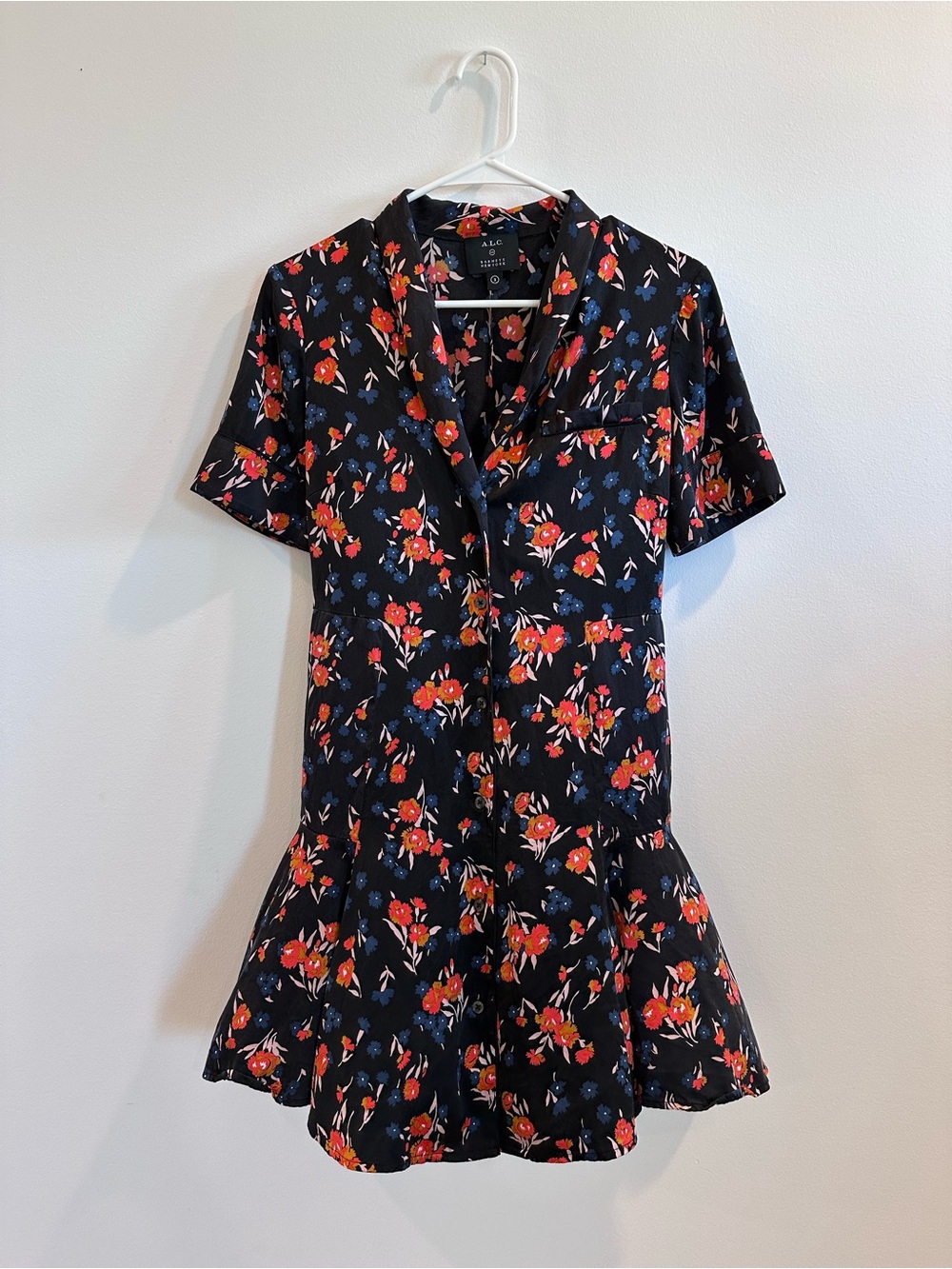 A.L.C. Black Short Sleeve Floral Dress with Red & Blue Flowers